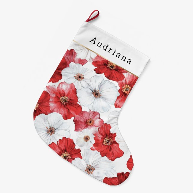Red White Flowers Christmas Large Christmas Stocking (Front (Hanging))