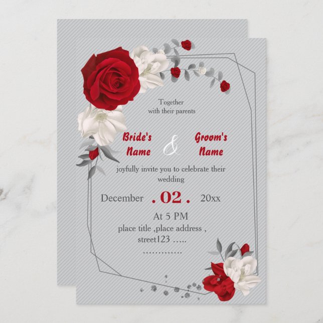 red & white flowers geometric wedding invitation (Front/Back)