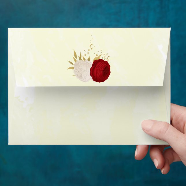 red & white flowers gold botanical wedding envelope (Hand)
