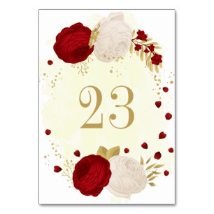 red & white flowers gold botanical wedding table number