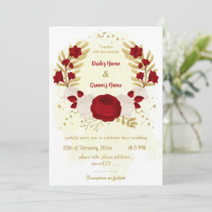 red & white flowers gold botanical wreath wedding invitation