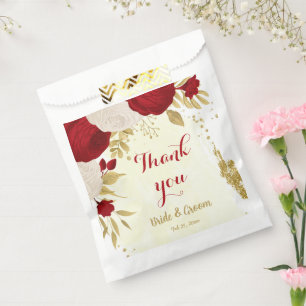 red & white flowers gold favour bag
