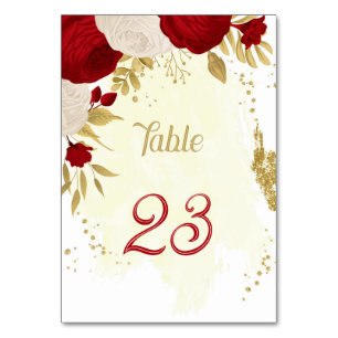 red & white flowers gold wedding table number