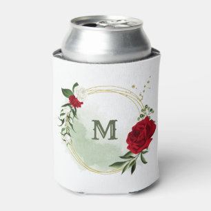 Red & white flowers greenery botanical monogram can cooler