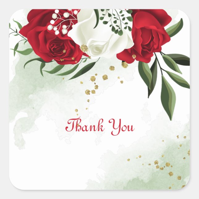 Red & white flowers greenery botanical square sticker (Front)