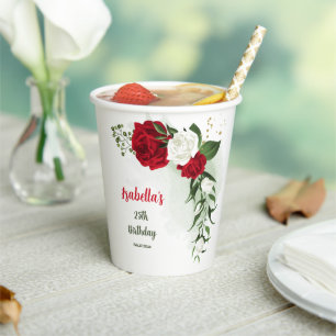 Red & white flowers greenery botanical wedding paper cups