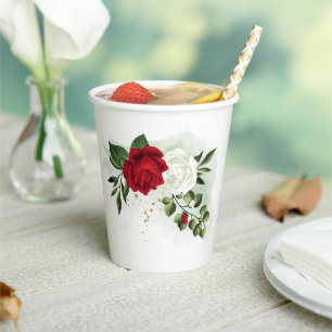 Red & white flowers greenery botanical wedding paper cups