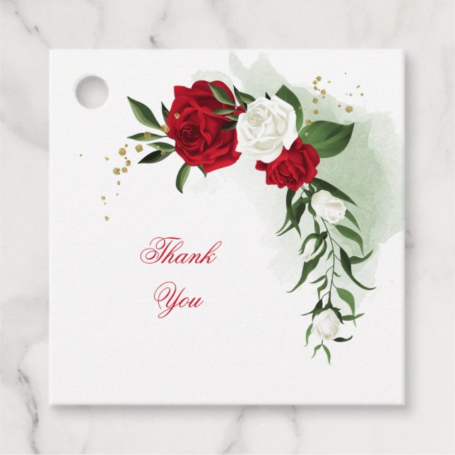 Red & white flowers greenery favour tags (Front)