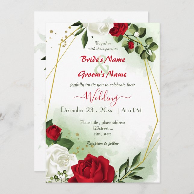 red white flowers greenery gold geometric wedding invitation (Front/Back)