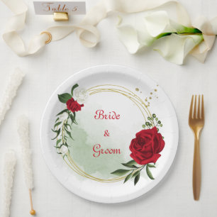 Red & white flowers greenery gold wreath paper plate