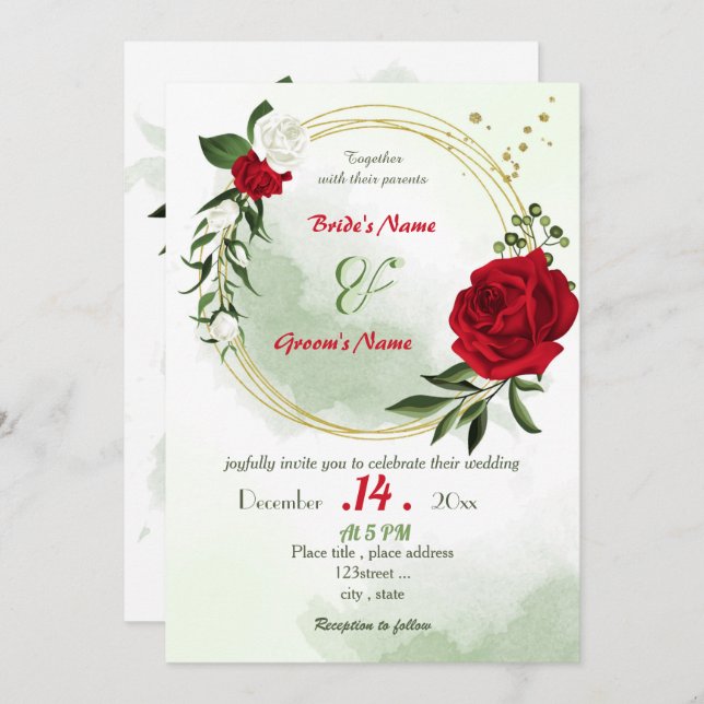 red white flowers greenery gold wreath wedding invitation (Front/Back)