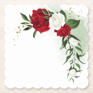 Red & white flowers greenery  paper coaster