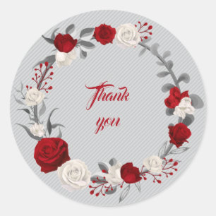 red & white flowers grey leaves wreath thank you classic round sticker