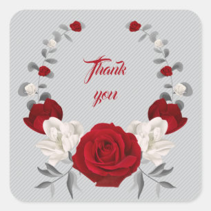 red & white flowers grey leaves wreath thank you square sticker