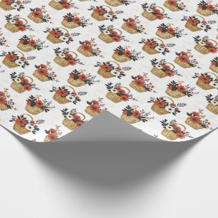 Red & White Flowers in Baskets on White Wrapping Paper