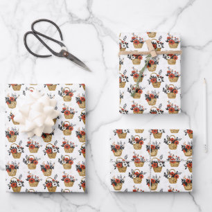 Red & White Flowers in Baskets on White Wrapping Paper Sheet