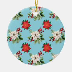 Red & White Flowers On A Green Light Background Ceramic Ornament