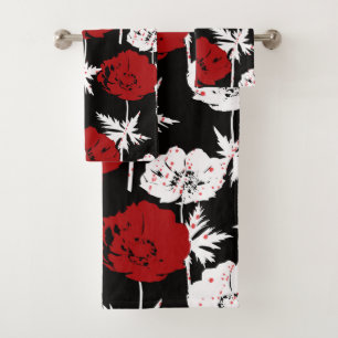 Red, white flowers on black . bath towel set