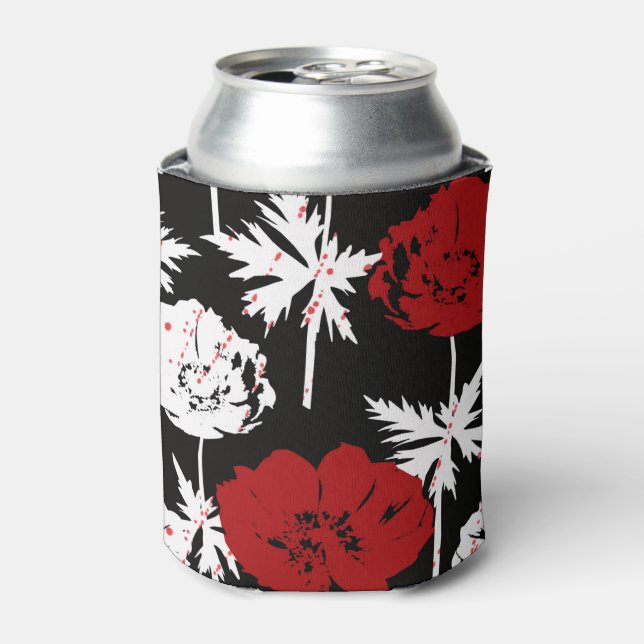 Red, white flowers on black  can cooler (Can Front)