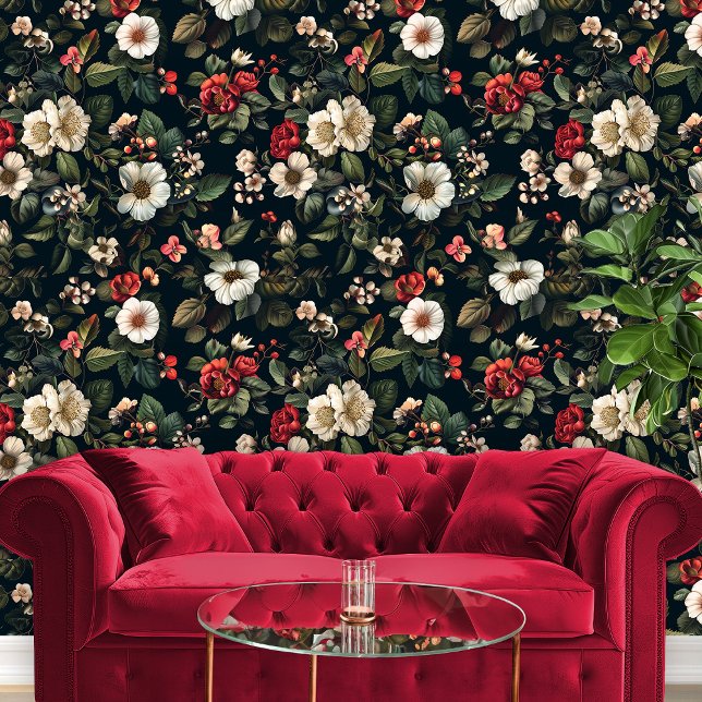 Red & White Flowers on Black for Bedroom Pattern Wallpaper (Red & White Flowerrs on Black for Bedroom Wallpaper)