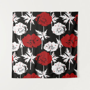 Red, white flowers on black . tapestry