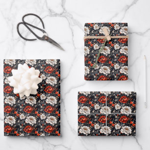 Red & White Flowers on Black Wrapping Paper Sheet