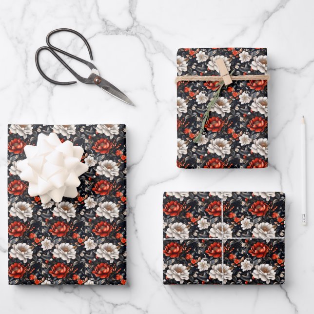 Red & White Flowers on Black  Wrapping Paper Sheet (Front)