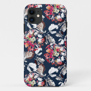 Red, white flowers on blue. iPhone 11 case