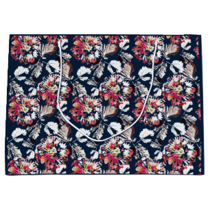 Red, white flowers on blue. large gift bag