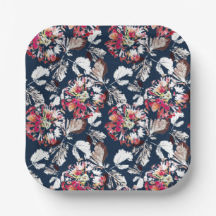 Red, white flowers on blue. paper plate