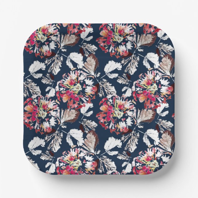 Red, white flowers on blue. paper plate (Front)