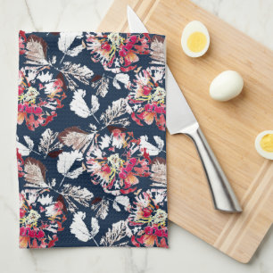 Red, white flowers on blue. tea towel