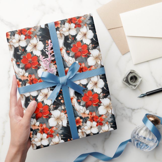 Red & White Flowers on Marble Wrapping Paper (Gifting)