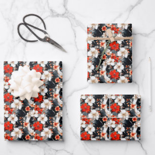 Red & White Flowers on Marble Wrapping Paper Sheet