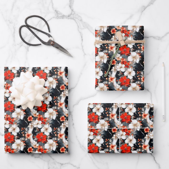 Red & White Flowers on Marble Wrapping Paper Sheet (Front)