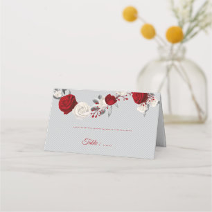 red & white flowers silver leaves grey place card