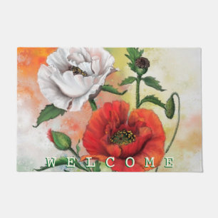 Red White Flowers Welcome  Doormat