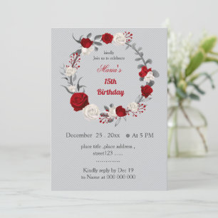 red & white flowers wreath birthday invitation