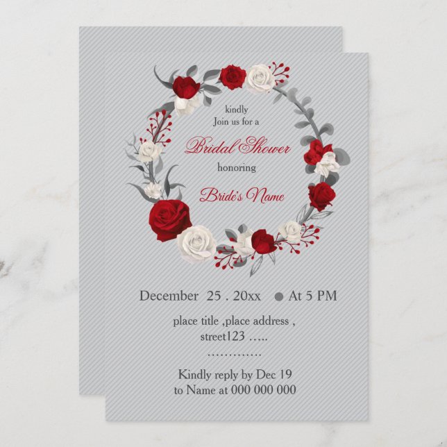 red & white flowers wreath bridal shower invitation (Front/Back)