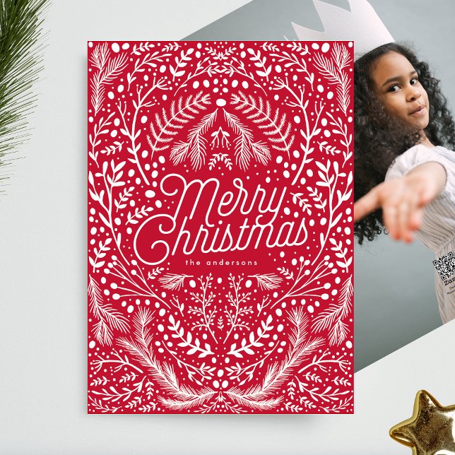 Red White Foliage & Berries No Photo Christmas Holiday Card (Creator Uploaded)