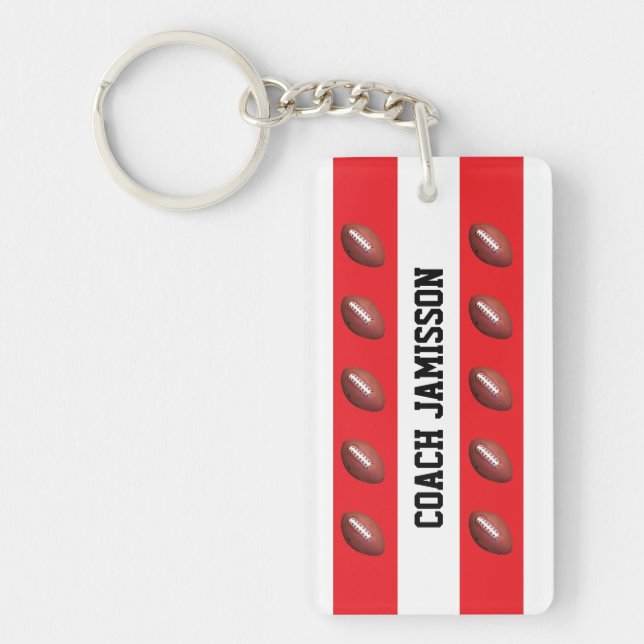 Red & White, for Football Coach or Player, Name Key Ring (Front)