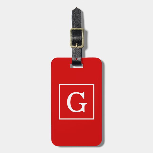 Red White Framed Initial Monogram Luggage Tag (Front Vertical)