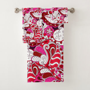 Red White Fuchsia Pink Burgundy Abstract Pattern Bath Towel Set
