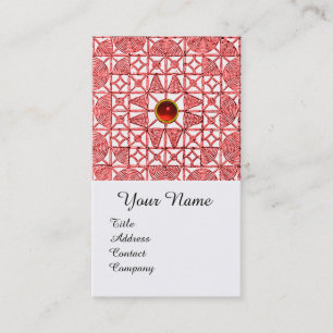RED WHITE GEOMETRIC LACE RUBY GEMSTONE MONOGRAM BUSINESS CARD