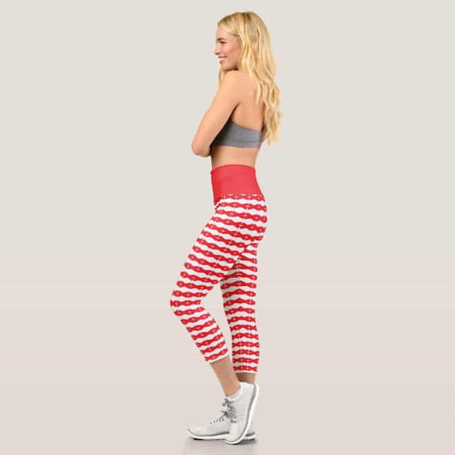 Red & White Geometric Pattern Capri Leggings (Left)