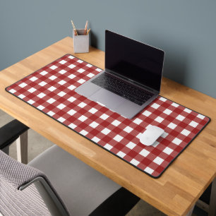 Red White Gingham Check Plaid Desk Mat