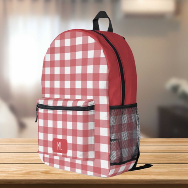 Red White Gingham Pattern Monogram Custom Printed Backpack (Creator Uploaded)