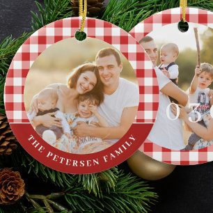 Red white gingham plaid 2 photo family Christmas Ceramic Ornament