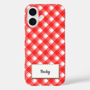 Red White Gingham Plaid Custom Recipe Book iPhone 16 Case