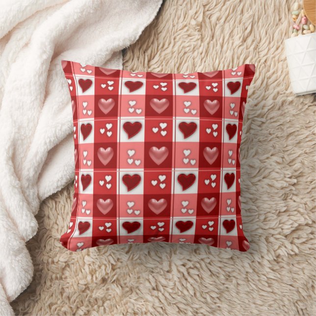 Red White Gingham Valentine Hearts Throw Pillow (Blanket)